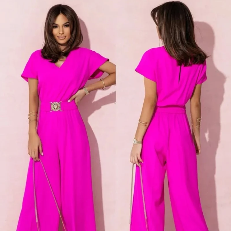 Spring Women V-neck Short-sleeved Jumpsuit Casual Loose Jumpsuit The Office Is Elegant with Loose Trouser Legs and Long Pants
Spring Women V-neck Short-sleeved Jumpsuit Casual Loose Jumpsuit The Office Is Elegant with Loose Trouser Legs and Long Pants