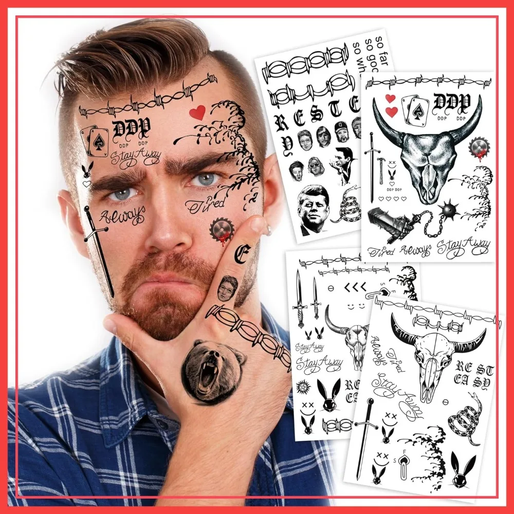 4 Sheets Hip-Hop Temporary Tattoos for Face, Neck, Hands – Cosplay Fake Tattoos for Men, Women, Kids – Party & Halloween Accessories
4 Sheets Hip-Hop Temporary Tattoos for Face, Neck, Hands – Cosplay Fake Tattoos for Men, Women, Kids – Party & Halloween Accessories