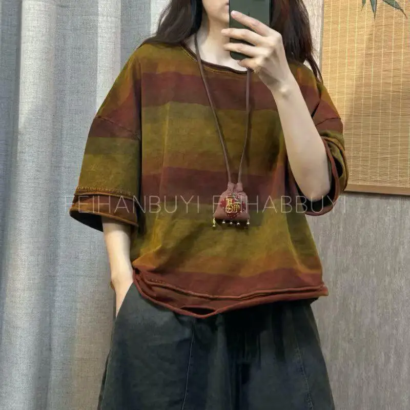 New Arrival 2026 Summer Arts Style Women Short Sleeve O-neck Loose Tshirt Cotton Striped Hole Vintage Tee Shirt Femme Tops F5028
New Arrival 2026 Summer Arts Style Women Short Sleeve O-neck Loose Tshirt Cotton Striped Hole Vintage Tee Shirt Femme Tops F5028