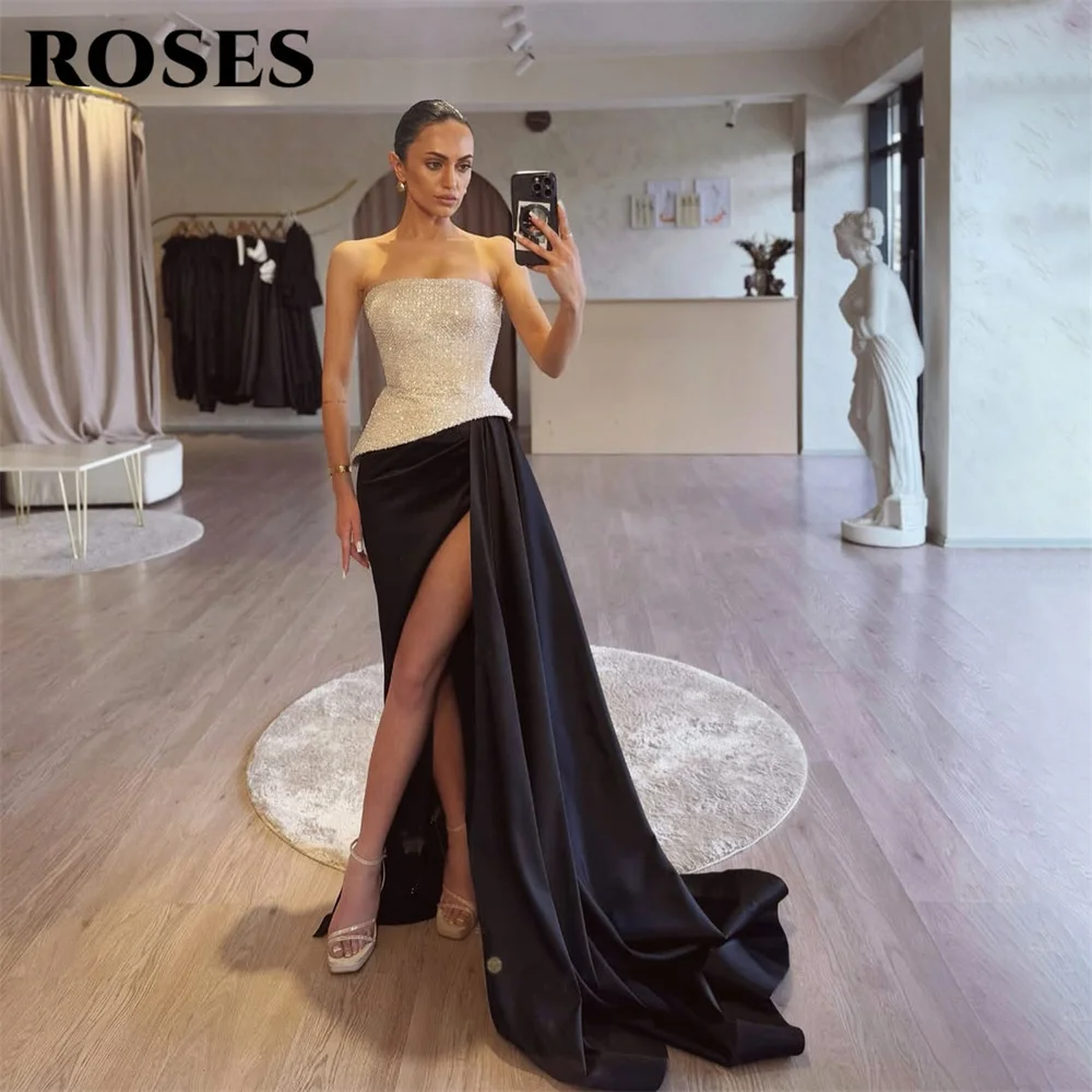 ROSES Black Party Dress Strapless Mermaid Train Evening Dresses with Sequin Bodice Formal Gown High Slit Prom Gown Customized
ROSES Black Party Dress Strapless Mermaid Train Evening Dresses with Sequin Bodice Formal Gown High Slit Prom Gown Customized