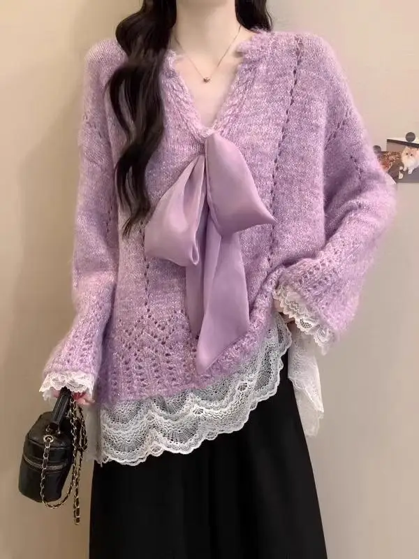 Purple Lace Splice Knot Long Sve Sweater Autumn Winter New Knitted Top Design Sense Girl's Faion Commute Sle
Purple Lace Splice Knot Long Sve Sweater Autumn Winter New Knitted Top Design Sense Girl's Faion Commute Sle