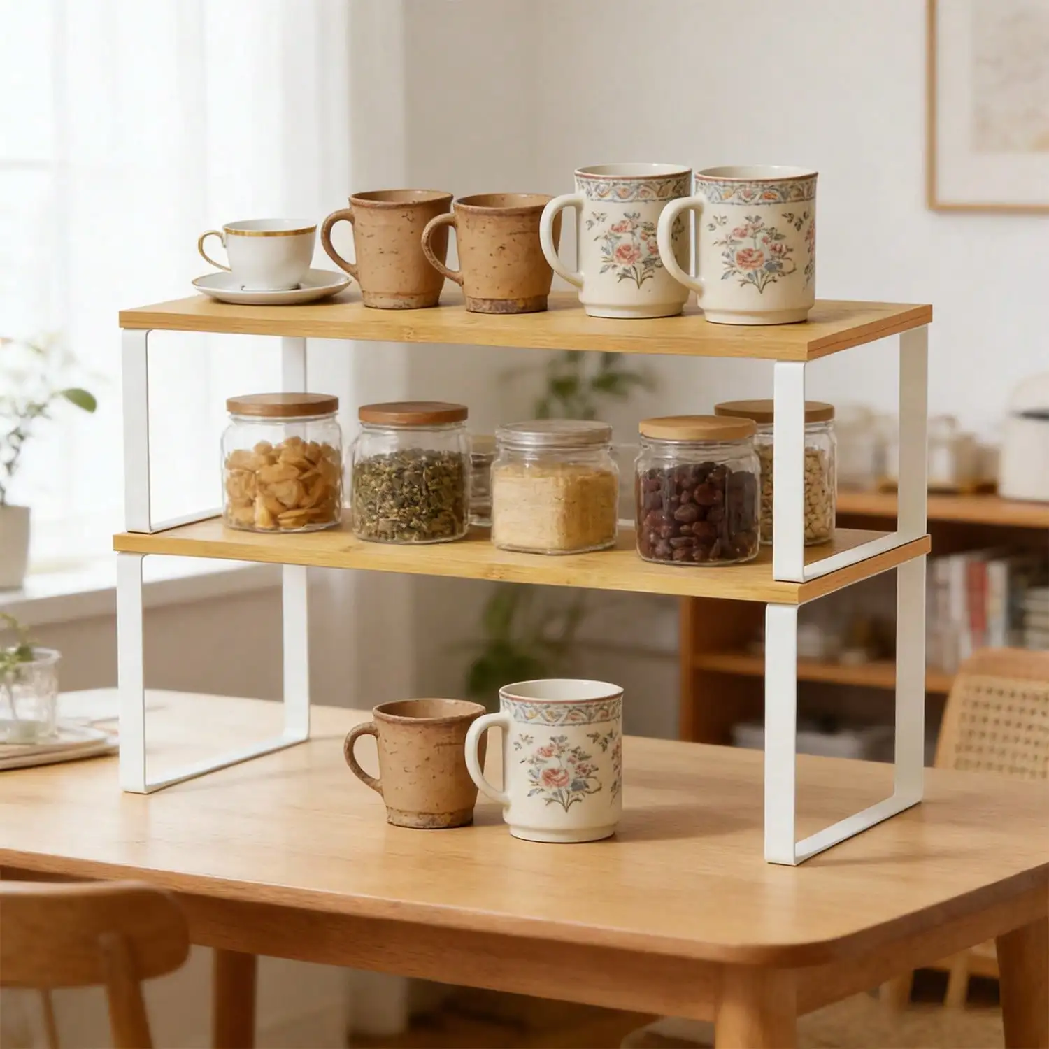 2 Pack Stackable Cabinet Shelf Organizers, Bamboo & Metal Kitchen Counter Rack, Adjustable Side By Side Or L-Shape, Vertical Space Storage For Pantry Cupboard Spice Cans, White & Natural
2 Pack Stackable Cabinet Shelf Organizers, Bamboo & Metal Kitchen Counter Rack, Adjustable Side By Side Or L-Shape, Vertical Space Storage For Pantry Cupboard Spice Cans, White & Natural