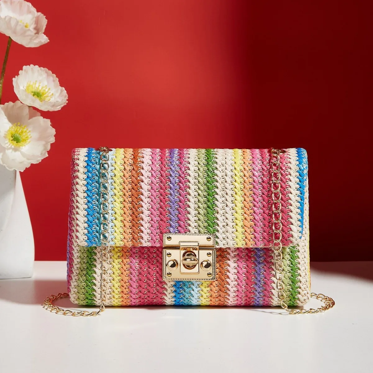 Разноцветная полосатая вязаная женская соломенная сумка из ротанга с цепочкой, женская сумка через плечо, дорожная дизайнерская сумка с клапаном
Разноцветная полосатая вязаная женская соломенная сумка из ротанга с цепочкой, женская сумка через плечо, дорожная дизайнерская сумка с клапаном