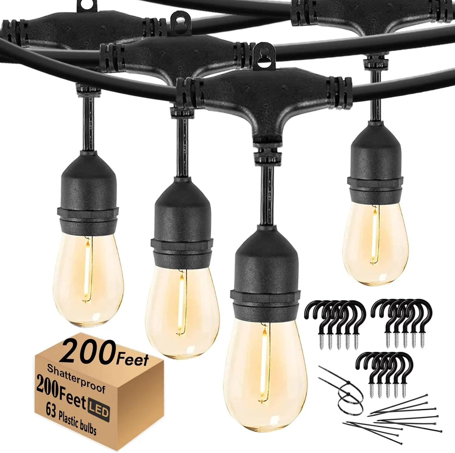 200FT Outdoor String Lights, 63 Shatterproof Edison Bulbs, Waterproof Patio Lights for Gazebo, Pergola, Cafe
200FT Outdoor String Lights, 63 Shatterproof Edison Bulbs, Waterproof Patio Lights for Gazebo, Pergola, Cafe