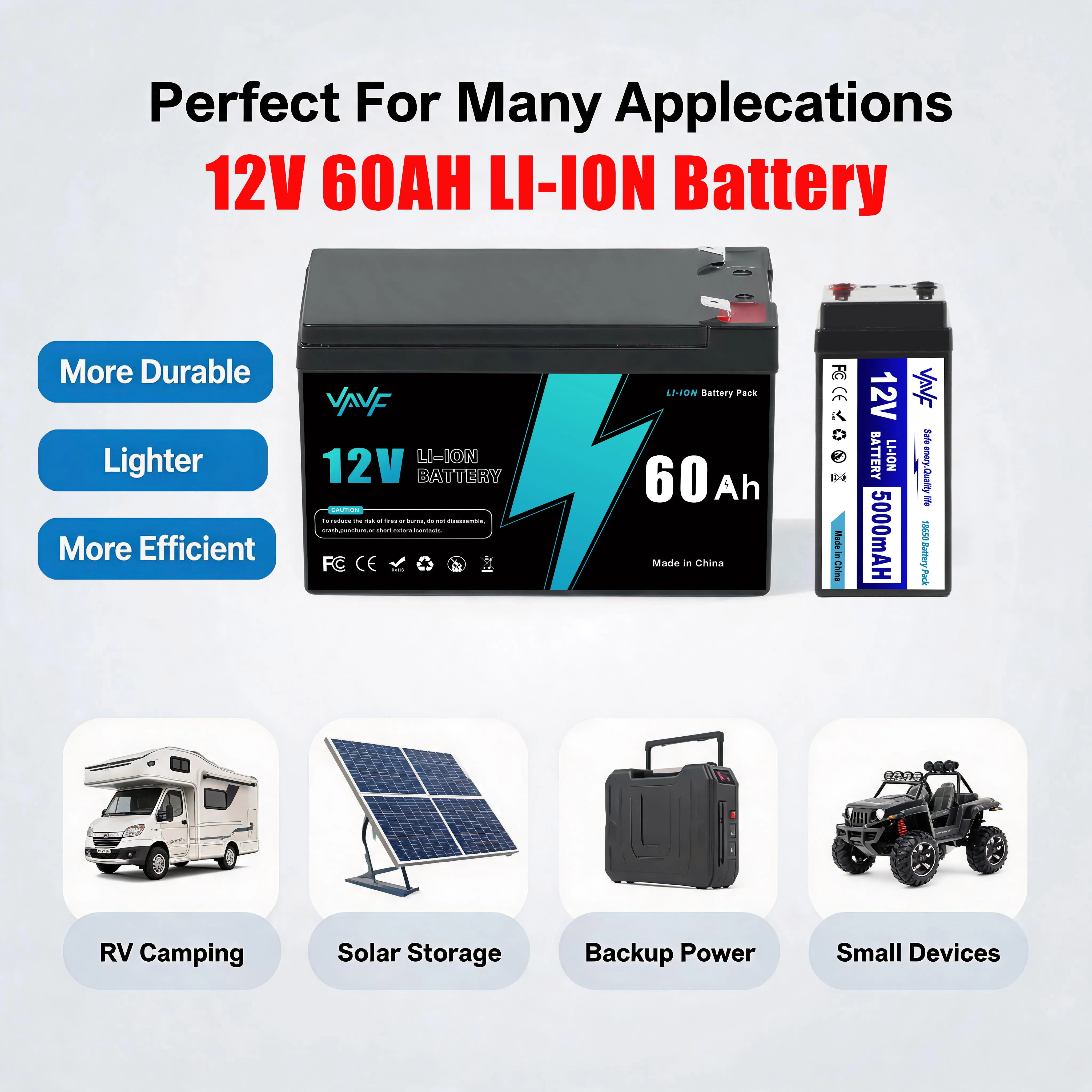 Li-ion 12V 60Ah Battery Integrated BMS,4000+Cycles,Designed for ️Solar Storage,Campers,Boats & Off-Grid Living Spaces
Li-ion 12V 60Ah Battery Integrated BMS,4000+Cycles,Designed for ️Solar Storage,Campers,Boats & Off-Grid Living Spaces