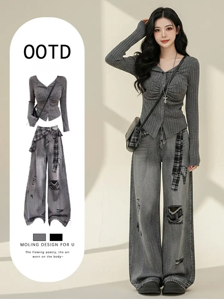 Gray Knitted Short Top And High Waist Jeans Women's Fashion Set Spring Season Slim Fit Korean Style Hole Design Casual Wear
Gray Knitted Short Top And High Waist Jeans Women's Fashion Set Spring Season Slim Fit Korean Style Hole Design Casual Wear
