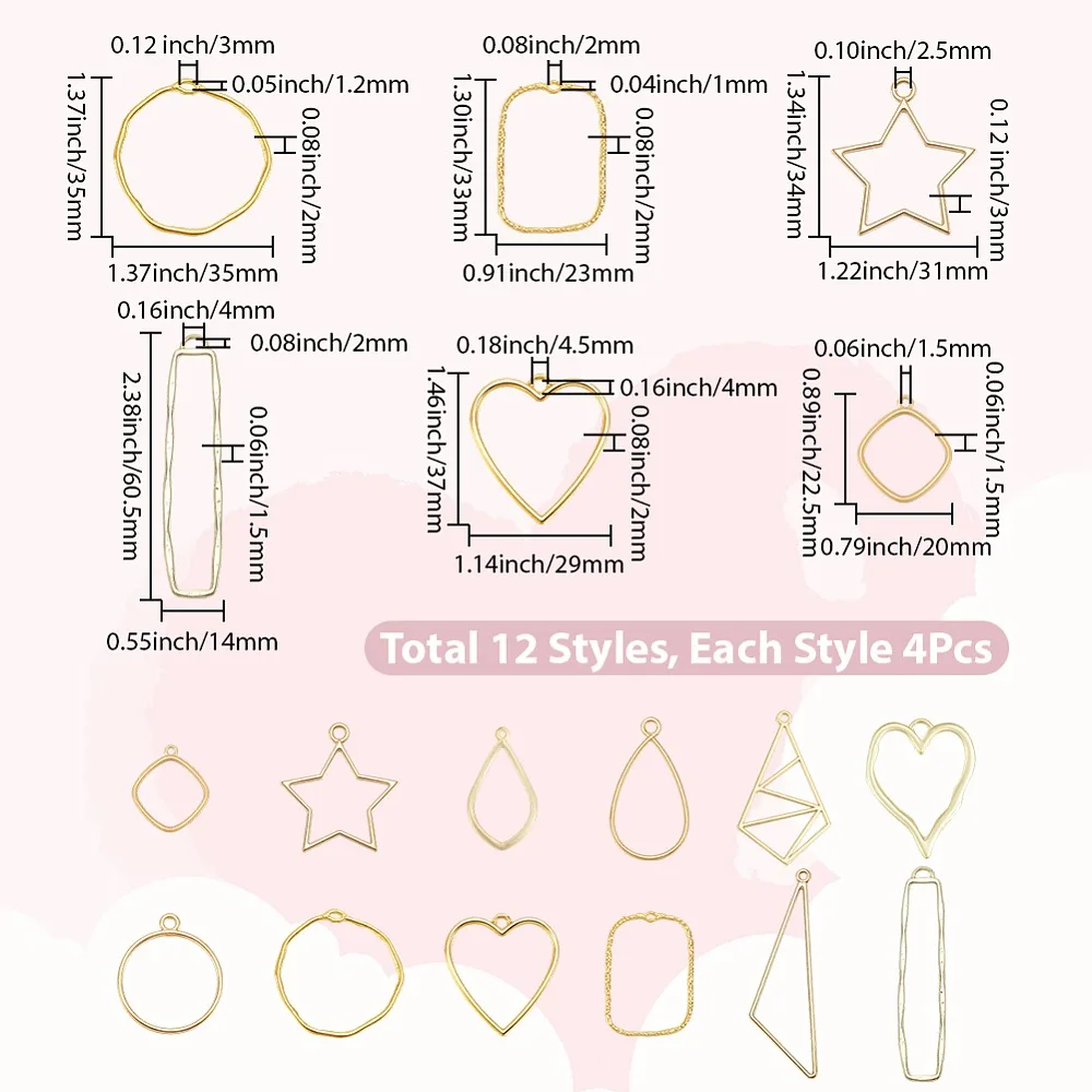 48Pcs 12 Styles Style Zinc Alloy Pendants Hollow Geometric Shape Mixed Color 22.5~60.5x14~35x1.5~3mm Hole: 1~4.5mm
48Pcs 12 Styles Style Zinc Alloy Pendants Hollow Geometric Shape Mixed Color 22.5~60.5x14~35x1.5~3mm Hole: 1~4.5mm