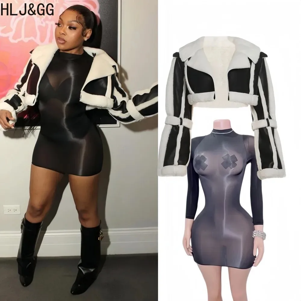 HLJ&GG Sexy Mesh See Through Bodycon Dresses Women Solid Color Fur Leather Patchwork Jacket + Dress Female Streetwear Clothing
HLJ&GG Sexy Mesh See Through Bodycon Dresses Women Solid Color Fur Leather Patchwork Jacket + Dress Female Streetwear Clothing