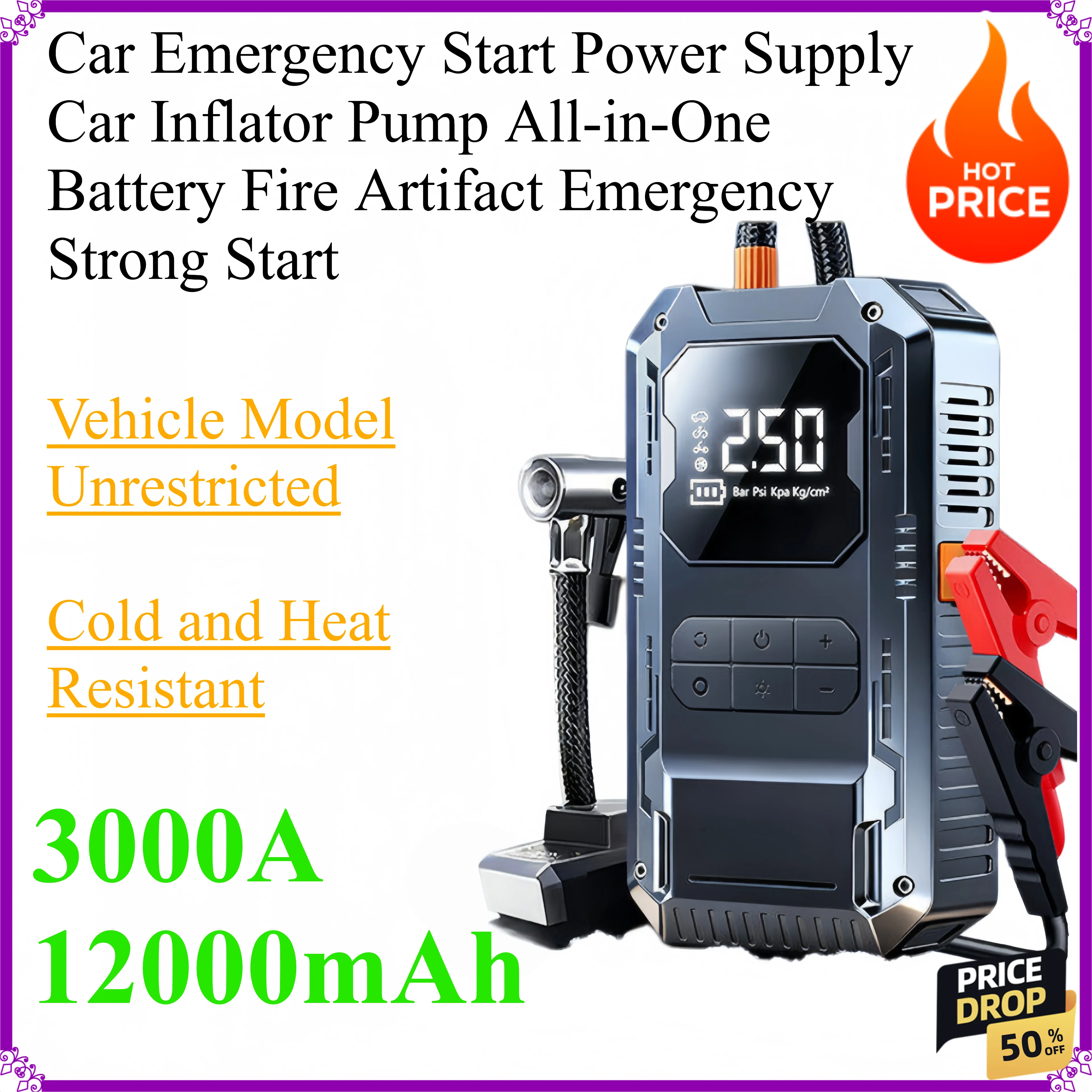 Car Emergency Start Power Supply Car Inflator Pump All-in-One Battery Fire Artifact Emergency Strong Start
Car Emergency Start Power Supply Car Inflator Pump All-in-One Battery Fire Artifact Emergency Strong Start