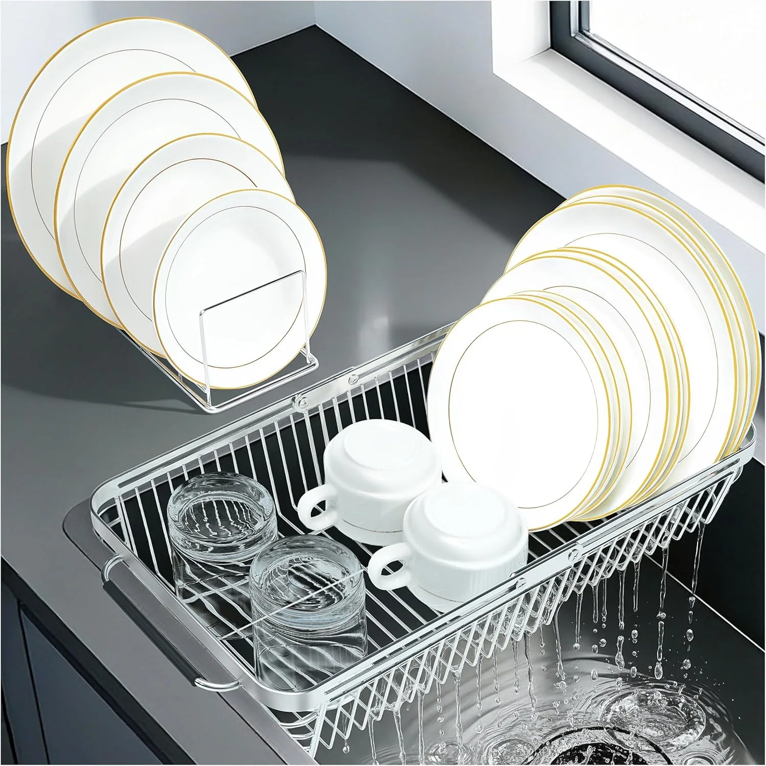 Dish Drying Rack Over Sink, Expandable Stainless Steel Dish Rack for Kitchen Counter, 2-in-1 Drain Basket and Plates Holder with
Dish Drying Rack Over Sink, Expandable Stainless Steel Dish Rack for Kitchen Counter, 2-in-1 Drain Basket and Plates Holder with