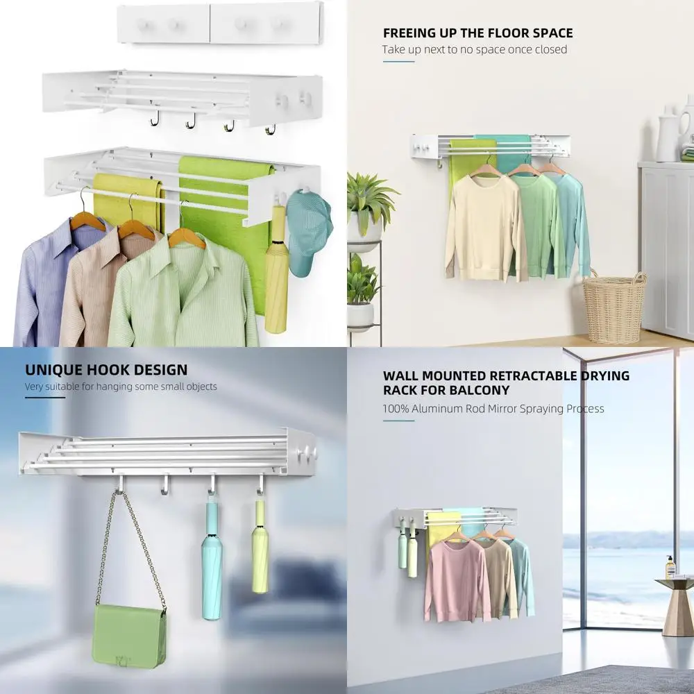 Настенная складная сушилка для одежды, вместимость 60 фунтов, 4 алюминиевых стержня, 8 крючков, белая, ширина 23,6
Настенная складная сушилка для одежды, вместимость 60 фунтов, 4 алюминиевых стержня, 8 крючков, белая, ширина 23,6