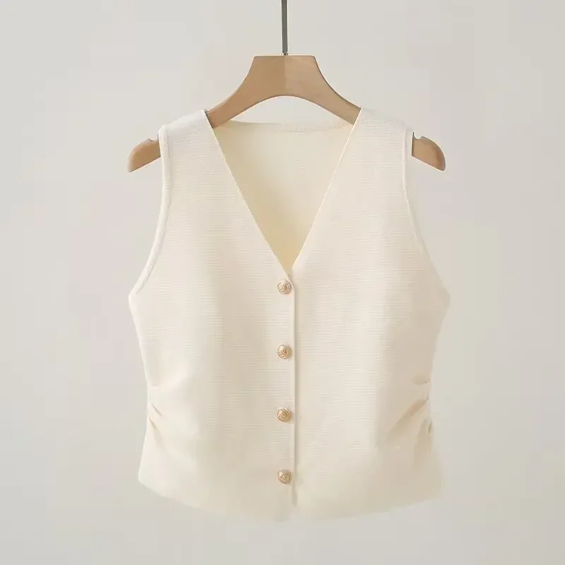 Gold Button Vest For Women V-neck Ruched Waist Sleeveless Knit Waistcoat Top Effectless Chic French Trendy Outfit
Gold Button Vest For Women V-neck Ruched Waist Sleeveless Knit Waistcoat Top Effectless Chic French Trendy Outfit