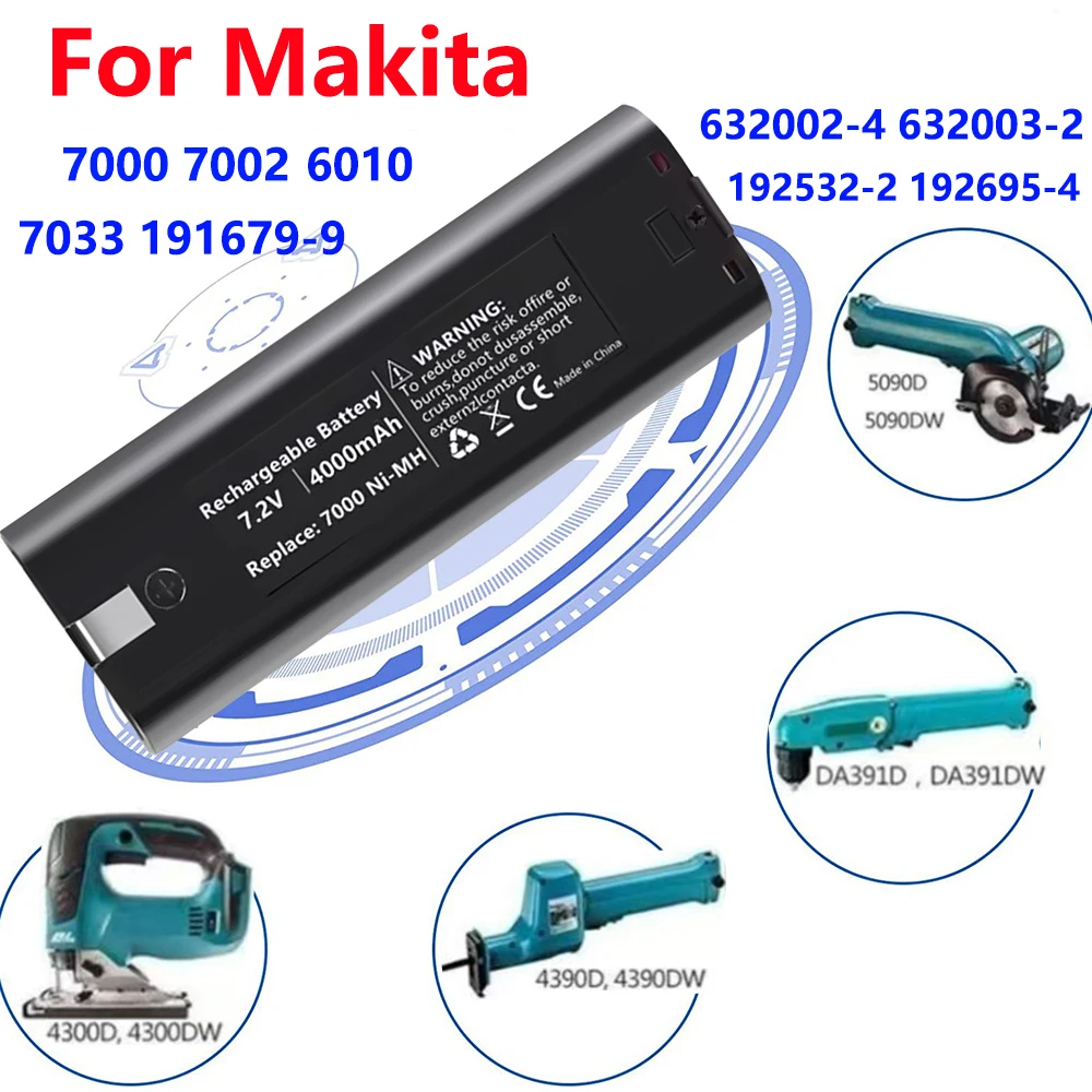 7.2V 4000mAh Rechargeable Battery For Makita 7000 7002 7033 191679-9 632002-4 632003-2 192532-2 192695-4 6010 Power Tool Battery
7.2V 4000mAh Rechargeable Battery For Makita 7000 7002 7033 191679-9 632002-4 632003-2 192532-2 192695-4 6010 Power Tool Battery