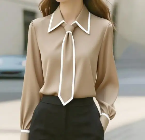 Women's Shirt Spring and Autumn New Fashion Commuting Style Color Blocked Lapel Tie Design Slim Fit Long Sleeved Work Shirt
Women's Shirt Spring and Autumn New Fashion Commuting Style Color Blocked Lapel Tie Design Slim Fit Long Sleeved Work Shirt