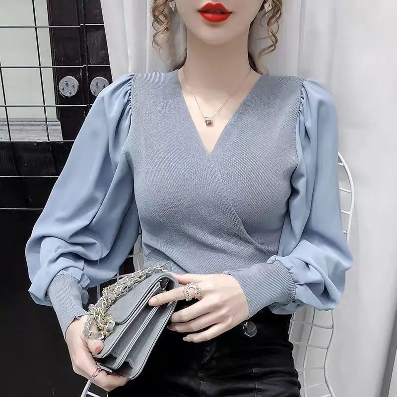 Knitted Base Shirt Women with Autumn Clothes Slim V-neck Puff Sleeve Chiffon Top Long Sleeve T-shirt
Knitted Base Shirt Women with Autumn Clothes Slim V-neck Puff Sleeve Chiffon Top Long Sleeve T-shirt