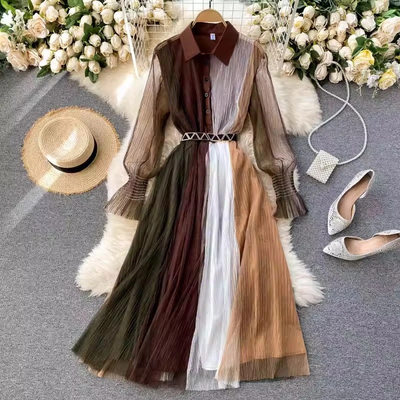 Retro Style Contrasting Color Patchwork Design Mesh Dress Women's POLO Collar Mid Length Fairy Dress
Retro Style Contrasting Color Patchwork Design Mesh Dress Women's POLO Collar Mid Length Fairy Dress