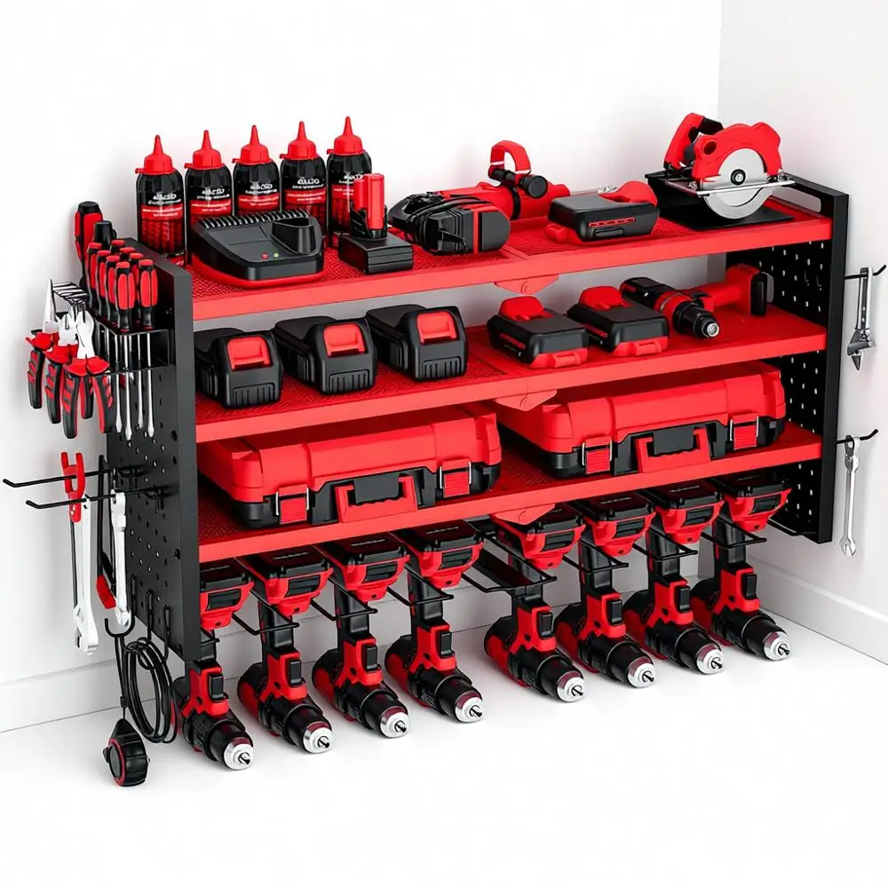 4-Layer Wall Mount Tool Organizer with 8 Drill Holders and Side Pegboards
4-Layer Wall Mount Tool Organizer with 8 Drill Holders and Side Pegboards