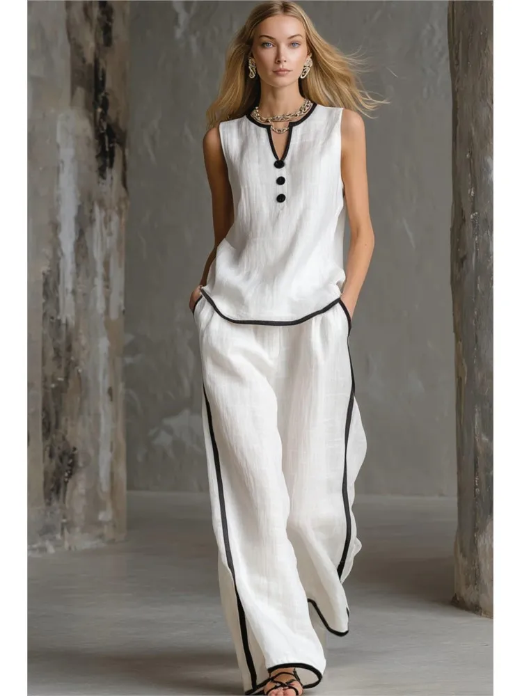 Casual Women Color Blocking Loose Sleeveless Button Vest Elastic Waist Wide-leg Pants Two Peice Set Summer V-Neck Ladies Outfit
Casual Women Color Blocking Loose Sleeveless Button Vest Elastic Waist Wide-leg Pants Two Peice Set Summer V-Neck Ladies Outfit