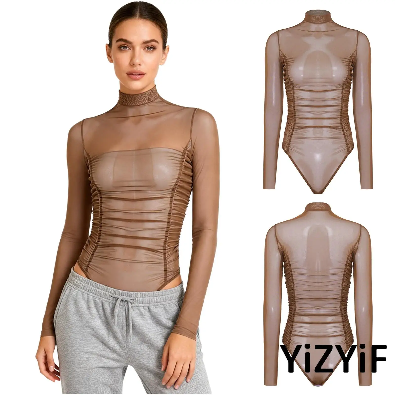 Womens Nightclub Beach Bodysuit Sheer Mesh Side Ruched High Collar Long Sleeve Button Crotch Leotard See Through Cover Up Outfit
Womens Nightclub Beach Bodysuit Sheer Mesh Side Ruched High Collar Long Sleeve Button Crotch Leotard See Through Cover Up Outfit
