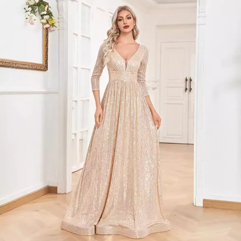 Evening Gown Women's V-neck Long Sleeved Sequins 2025 Summer New Style Wedding Host Temperament Slimming Party Dance Dress
Evening Gown Women's V-neck Long Sleeved Sequins 2025 Summer New Style Wedding Host Temperament Slimming Party Dance Dress