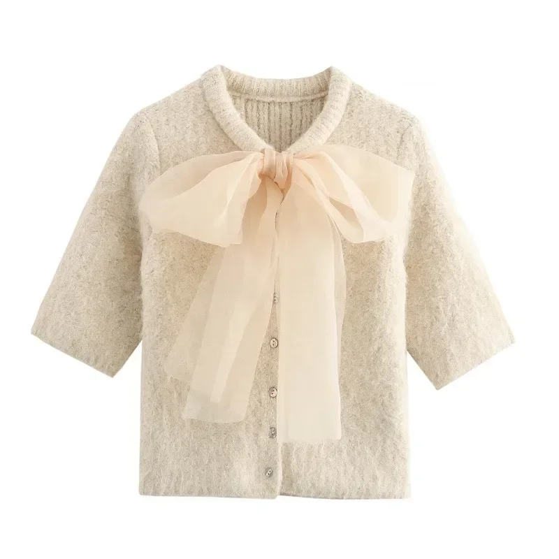 TRAFZR Cropped Cardigan Short Sleeve Cozy Sweaters Beige Bow Knitwear Cardigans Y2k Vintage Top Women's Autumn Sweater
TRAFZR Cropped Cardigan Short Sleeve Cozy Sweaters Beige Bow Knitwear Cardigans Y2k Vintage Top Women's Autumn Sweater