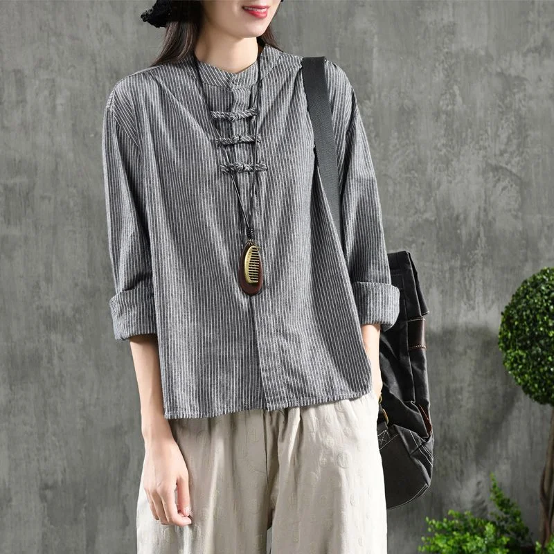 Retro Literary Button Vertical Striped Stand Collar Long Sleeve Loose Slim Shirt Women
Retro Literary Button Vertical Striped Stand Collar Long Sleeve Loose Slim Shirt Women