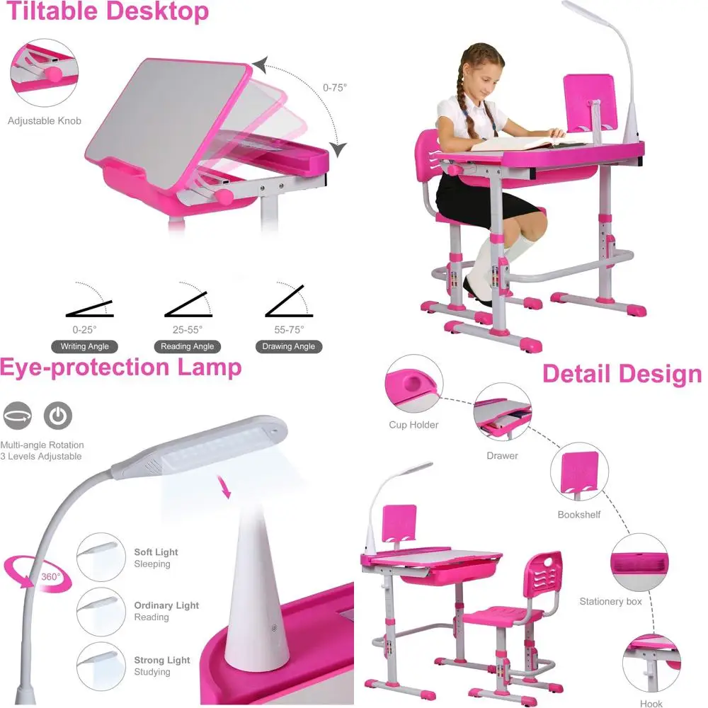 Регулируемый по высоте розовый детский стол и стул с LED-подсветкой, выдвижным ящиком для хранения и подставкой для книг
Регулируемый по высоте розовый детский стол и стул с LED-подсветкой, выдвижным ящиком для хранения и подставкой для книг