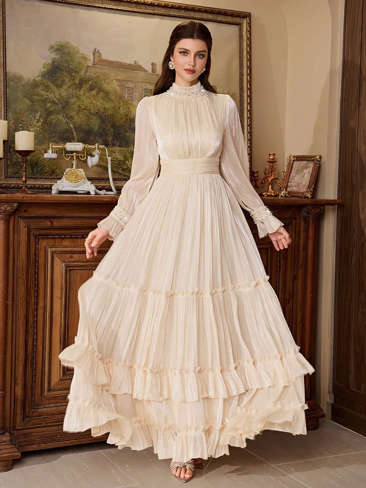 TOLEEN Elegant Women Long Sleeve Stand Collar Dress With Beads And Pearls, Multi-Layer Ruffle Hem Long Formal Gown Wedding Party
TOLEEN Elegant Women Long Sleeve Stand Collar Dress With Beads And Pearls, Multi-Layer Ruffle Hem Long Formal Gown Wedding Party