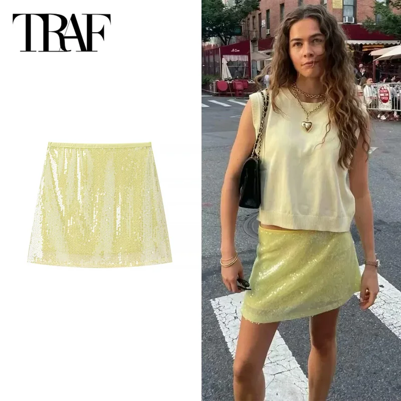 TRAF Yellow Sequined Shiny Skirts 2025 Women's Spring Summer Mid Waist Mini Skirts Fashion Casual Party Short Skirts For Female
TRAF Yellow Sequined Shiny Skirts 2025 Women's Spring Summer Mid Waist Mini Skirts Fashion Casual Party Short Skirts For Female