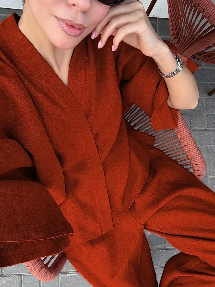 Linad Sexy Brick Red Flare Sleeve V-Neck Tops Set Soft Office Elastic Waist Pants Suit Solid Color Single Button 2 Piece Outfits
Linad Sexy Brick Red Flare Sleeve V-Neck Tops Set Soft Office Elastic Waist Pants Suit Solid Color Single Button 2 Piece Outfits