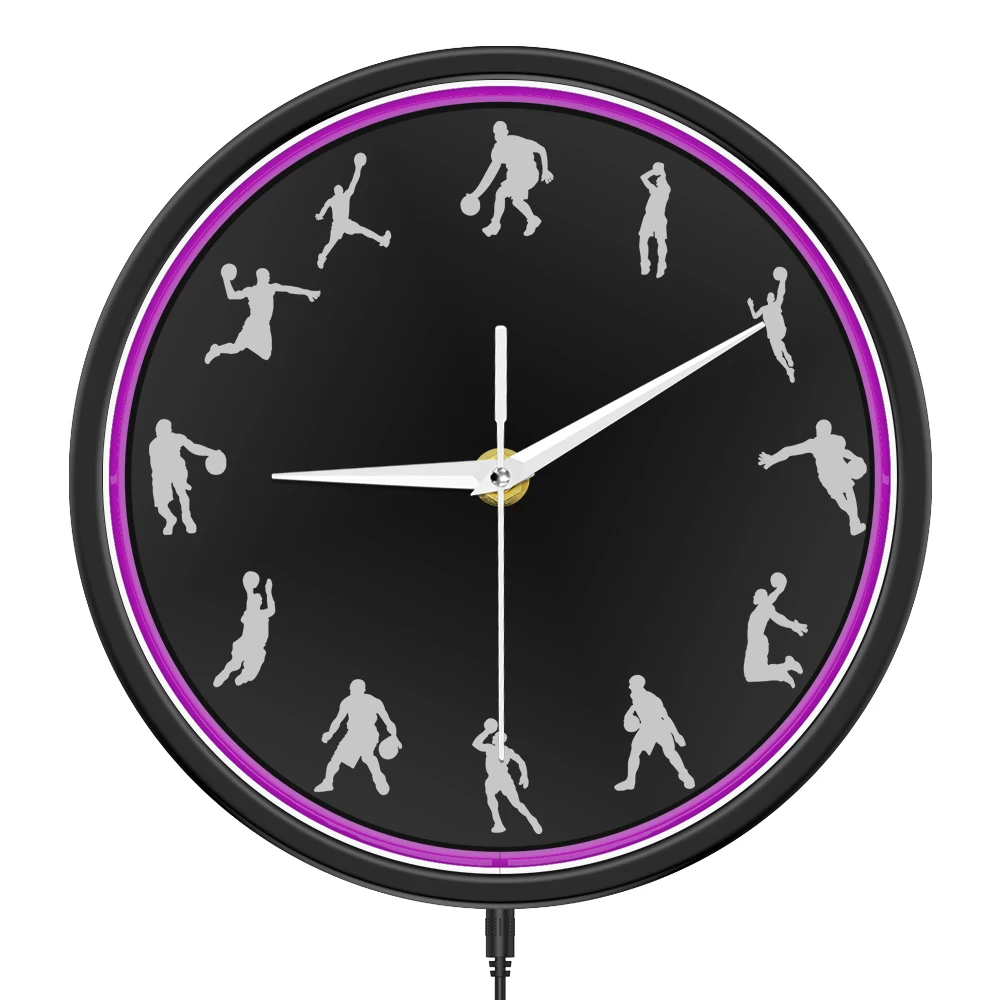 Basketball Players LED Glowing Neon Light Wall Clock Basketball Slam Dunk For Teen Room Decor Metal Frame Illuminated Wall Clock
Basketball Players LED Glowing Neon Light Wall Clock Basketball Slam Dunk For Teen Room Decor Metal Frame Illuminated Wall Clock