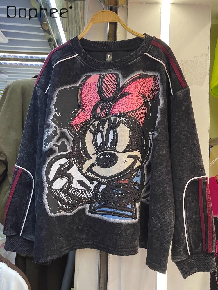 2025 Autumn Heavy Washed Cotton Cartoon Print Loose Round Neck Pullover Sweatshirt for Women Casual Sequin Oversized Top 
2025 Autumn Heavy Washed Cotton Cartoon Print Loose Round Neck Pullover Sweatshirt for Women Casual Sequin Oversized Top