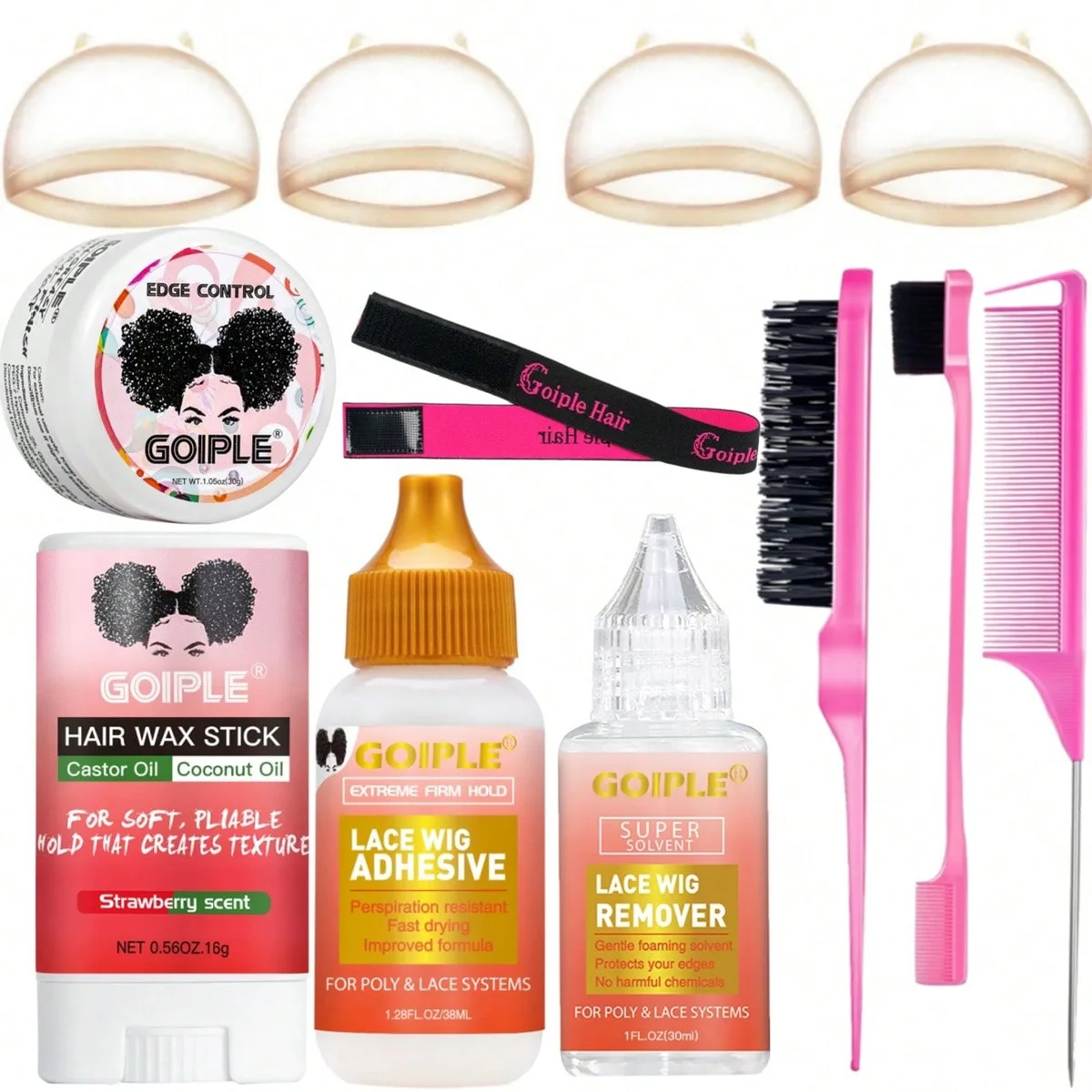 GOIPLE Strong Hold Adhesive for Wigs,Glue Remover, Hair Wax Stick, Edge Control Gel & Edges Band Comb Brush and HD Wig Cap 8pcs
GOIPLE Strong Hold Adhesive for Wigs,Glue Remover, Hair Wax Stick, Edge Control Gel & Edges Band Comb Brush and HD Wig Cap 8pcs