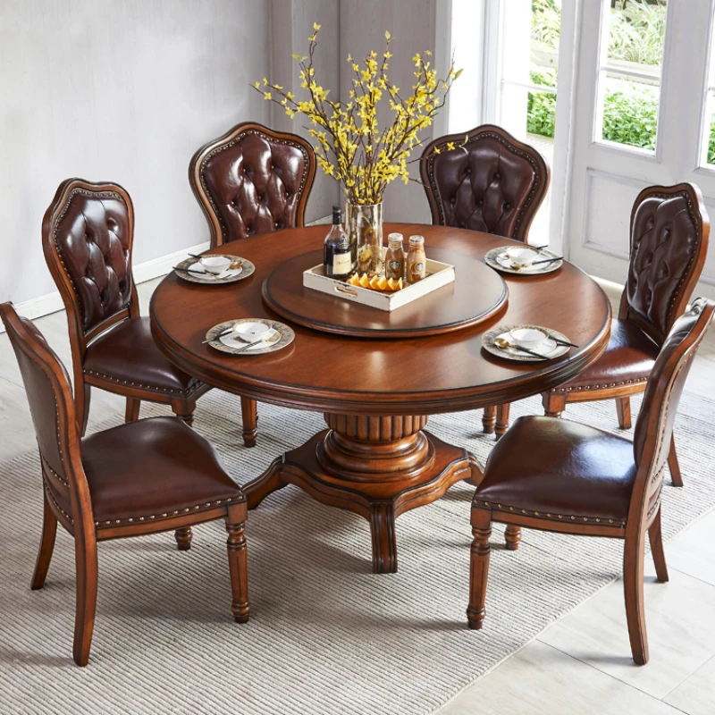 American style full solid wood dining table and chair combination for 8 people European round dining table
American style full solid wood dining table and chair combination for 8 people European round dining table
