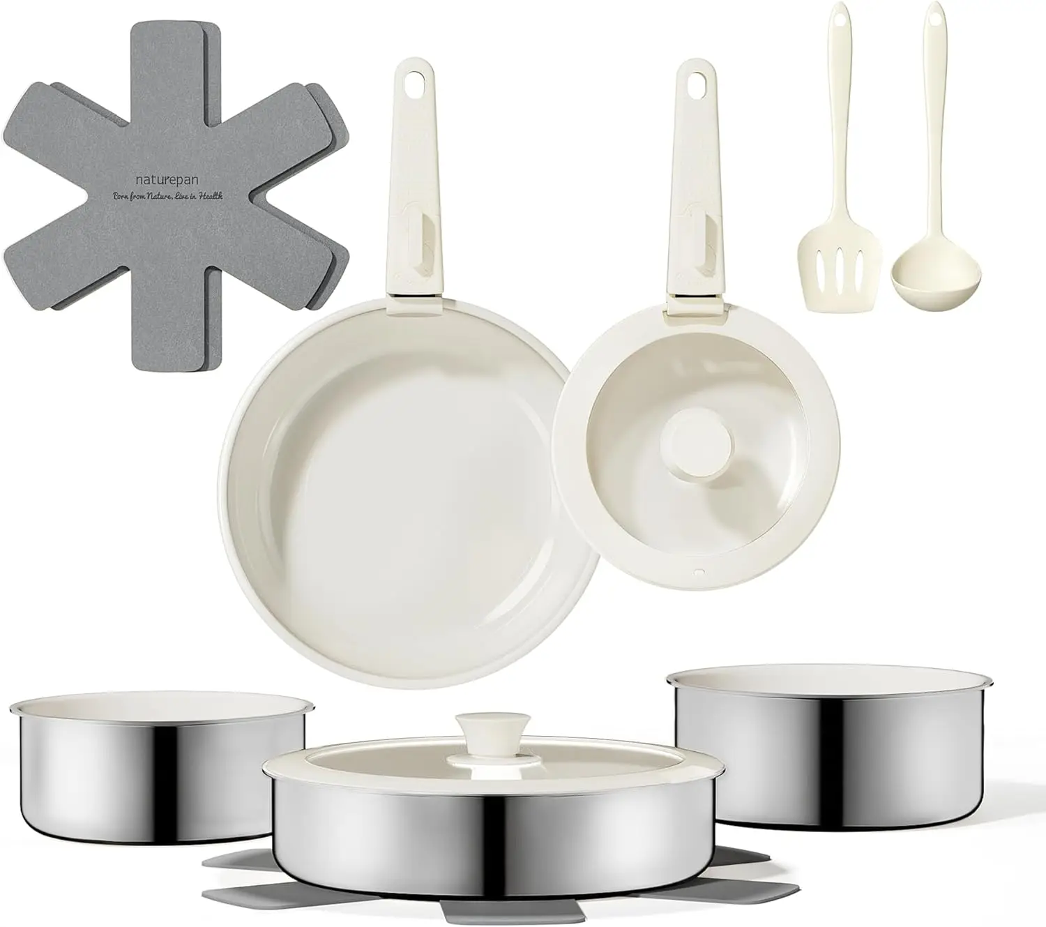 16pcs Nonstick Cookware Set, Diamond-Titanium Ceramic Coating & 3 Layer Stainless Steel Pots and Pans
16pcs Nonstick Cookware Set, Diamond-Titanium Ceramic Coating & 3 Layer Stainless Steel Pots and Pans