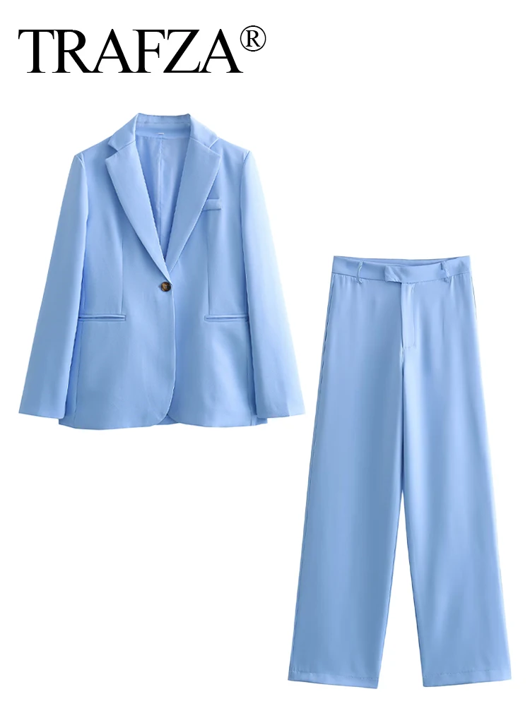 TRAFZA Woman Spring Suit Trendy Blue Turn-Down Collar Long Sleeves Pockets Single Button+Mid Waist Pockets Zipper Wide Leg Pants
TRAFZA Woman Spring Suit Trendy Blue Turn-Down Collar Long Sleeves Pockets Single Button+Mid Waist Pockets Zipper Wide Leg Pants