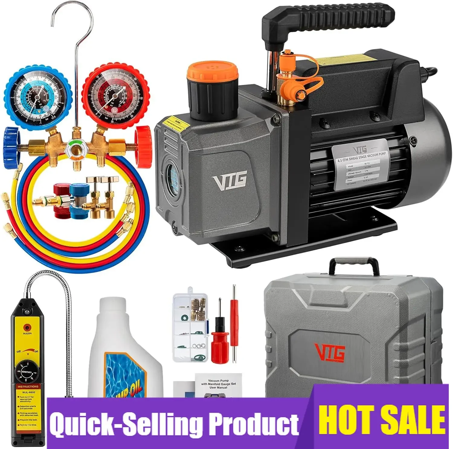 VTG VOGTEN 4.5 CFM AC Vacuum Pump and Gauge Set,for Mini Split/HVAC/Auto Systems,Manifold Gauge Kit Fits R134a R12 R22 R502,with
VTG VOGTEN 4.5 CFM AC Vacuum Pump and Gauge Set,for Mini Split/HVAC/Auto Systems,Manifold Gauge Kit Fits R134a R12 R22 R502,with