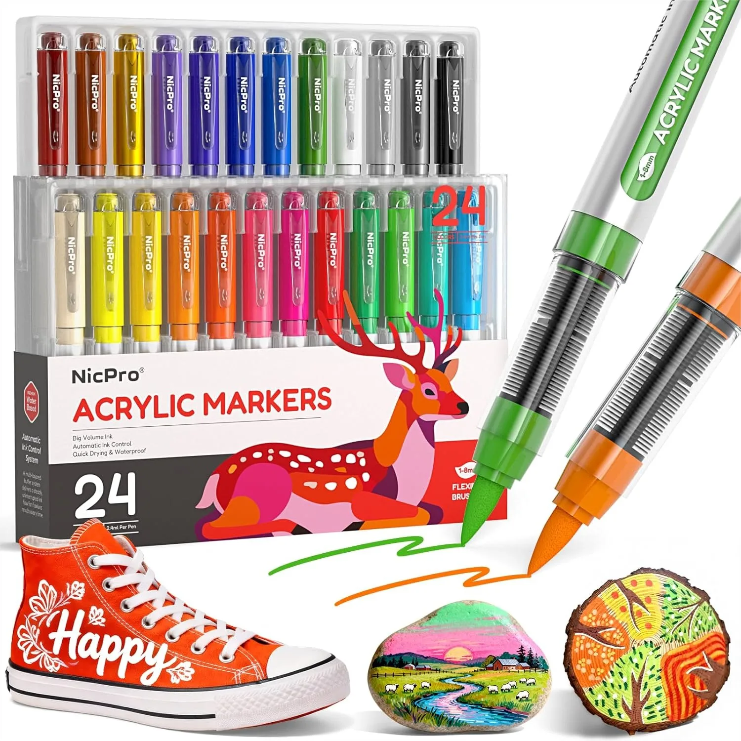 24 Colors Acrylic Paint Markers Brush Tip, Water-Based No-Bleed Paint Pens with Automatic Ink Control for DIY Art & Crafts on
24 Colors Acrylic Paint Markers Brush Tip, Water-Based No-Bleed Paint Pens with Automatic Ink Control for DIY Art & Crafts on