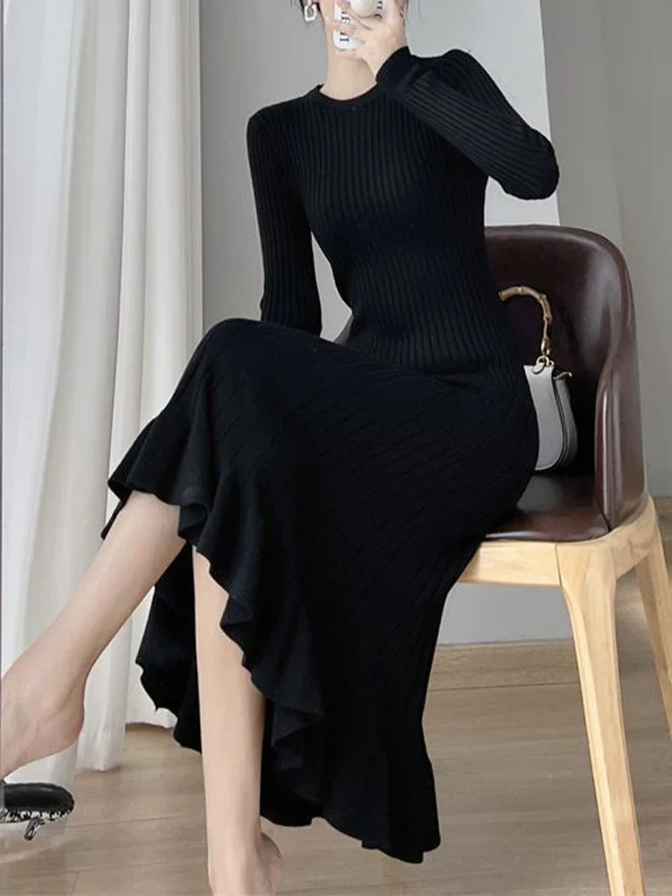 Autumn Winter Knitted Dress Women Korean Fashion Long Sleeve Sweater Dress Female Elegant Ruffles Mermaid Bodycon Long Dresses
Autumn Winter Knitted Dress Women Korean Fashion Long Sleeve Sweater Dress Female Elegant Ruffles Mermaid Bodycon Long Dresses