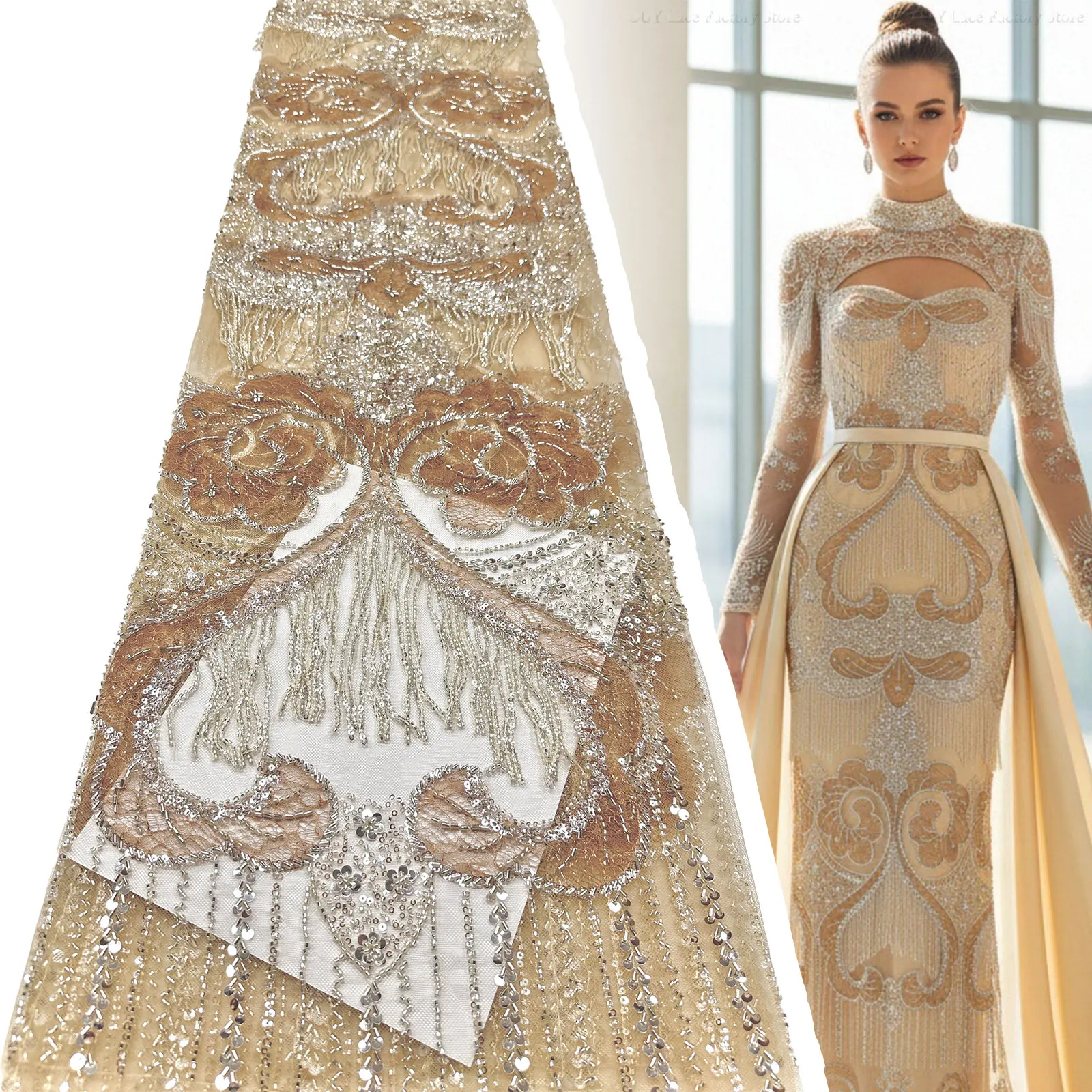 Gold French 3D Laser Tassel Beaded Lace Bridal Fabric Luxury African Sequins Lace Fabric Nigerian Mesh Women Wedding Lace Fabric
Gold French 3D Laser Tassel Beaded Lace Bridal Fabric Luxury African Sequins Lace Fabric Nigerian Mesh Women Wedding Lace Fabric