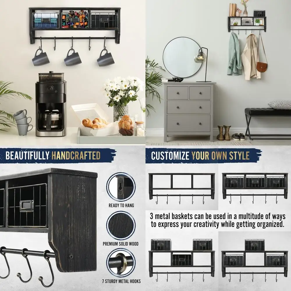 Настенный органайзер из массива дерева с крючками и корзинами, 24-дюймовая полка в стиле рустик с черным эффектом для прихожей, для хранения пальто, ключей и кружек
Настенный органайзер из массива дерева с крючками и корзинами, 24-дюймовая полка в стиле рустик с черным эффектом для прихожей, для хранения пальто, ключей и кружек