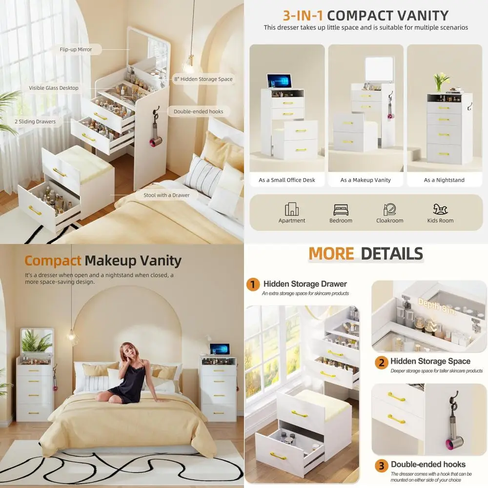 3-in-1 Vanity Desk with Flip Top Mirror, Compact Makeup Station, 3 Drawers, Glass Top, Cushioned Stool for Bedroom or Dressing A
3-in-1 Vanity Desk with Flip Top Mirror, Compact Makeup Station, 3 Drawers, Glass Top, Cushioned Stool for Bedroom or Dressing A