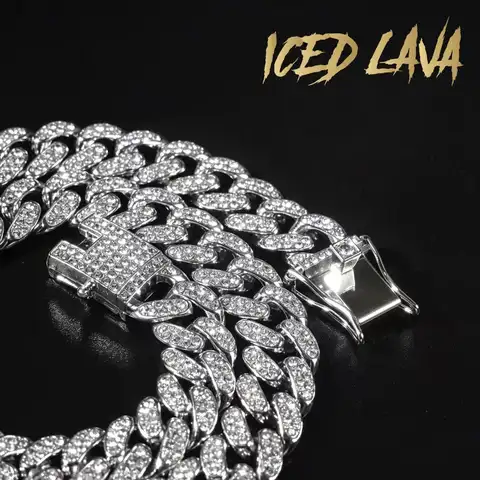 12.5mm Hip Hop Iced Out Cuban Link Chain Men Bracelet Necklace Full Rhinestone Paved Gold Silver Color Fashion Rapper Jewelry
