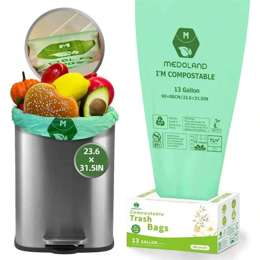 BPI Certified Compostable Trash Bags 13Gallon 30 Count - 3X Thicker Than Regular, Leak Tear Resistant Kitchen/Garden/Food Waste
BPI Certified Compostable Trash Bags 13Gallon 30 Count - 3X Thicker Than Regular, Leak Tear Resistant Kitchen/Garden/Food Waste