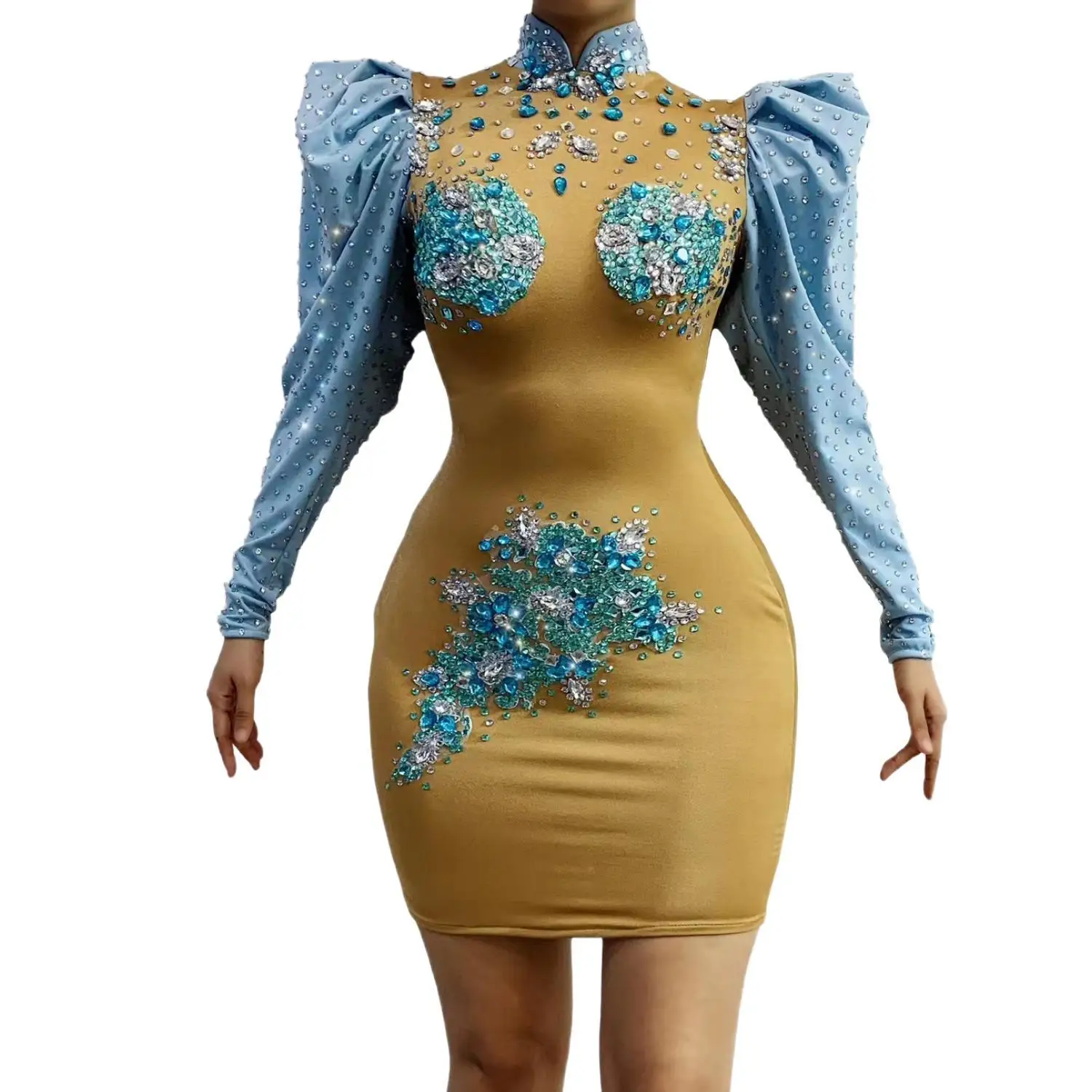 Songgaoqun Womens Luxury Nude Blue Rhinestone Puff Sleeve High Neck Bodycon Mini Dress Evening Party Stage Performance Outfit
Songgaoqun Womens Luxury Nude Blue Rhinestone Puff Sleeve High Neck Bodycon Mini Dress Evening Party Stage Performance Outfit