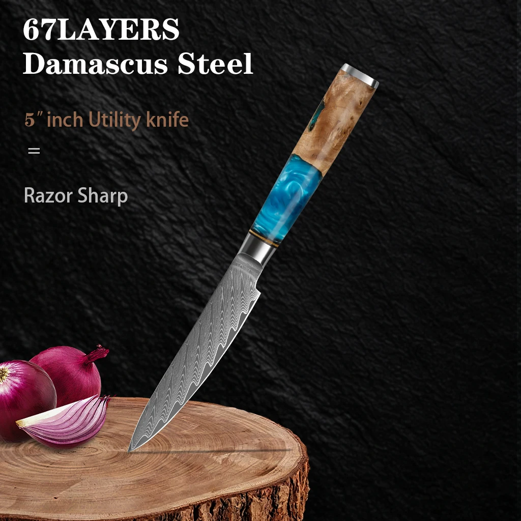 5-Inch Japanese kitchen Utility Knife 67 Layer Damascus Steel Vegetable Meat Slicing with Blue Resin Handle
5-Inch Japanese kitchen Utility Knife 67 Layer Damascus Steel Vegetable Meat Slicing with Blue Resin Handle