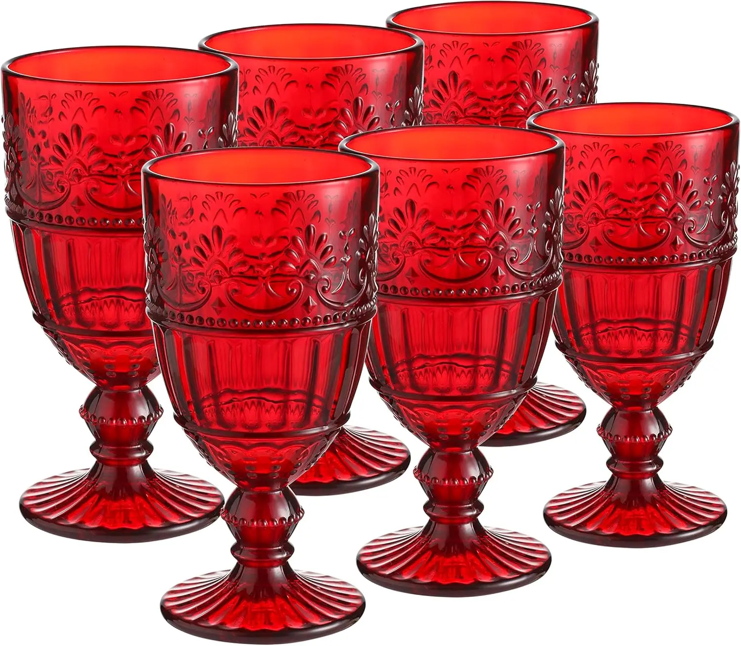 Vintage Red Embossed Goblet Glasses Set of 6, 11 oz Heavy Glass Wine Glasses, Dishwasher Safe Colored Cups for Holiday Table
Vintage Red Embossed Goblet Glasses Set of 6, 11 oz Heavy Glass Wine Glasses, Dishwasher Safe Colored Cups for Holiday Table