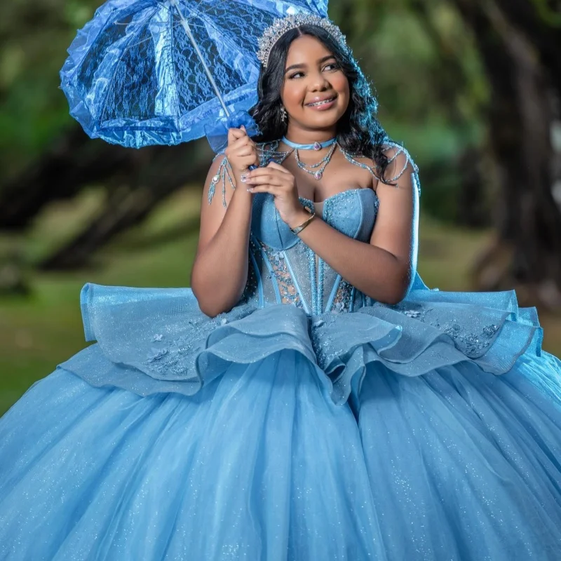 Blue Quinceanera Dress off-shoulder Glitter Crystal Flower Decal Layering Long tail vestidos de 15 Quinceanera Customize
Blue Quinceanera Dress off-shoulder Glitter Crystal Flower Decal Layering Long tail vestidos de 15 Quinceanera Customize