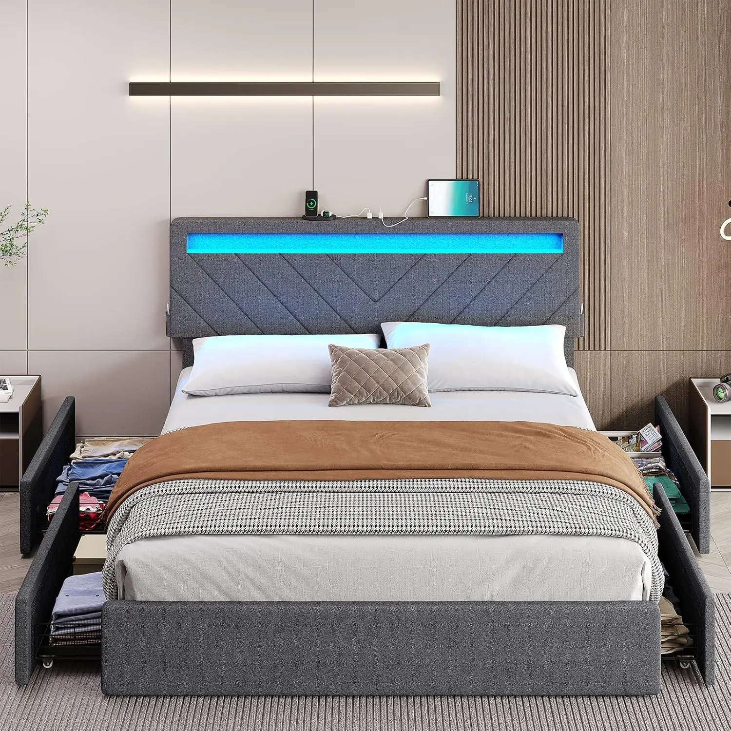 Queen Bed, Frame with Charging Station LED Lights, Upholstered Platform Bed,Adjustable Headboard, No Box Spring Needed
Queen Bed, Frame with Charging Station LED Lights, Upholstered Platform Bed,Adjustable Headboard, No Box Spring Needed