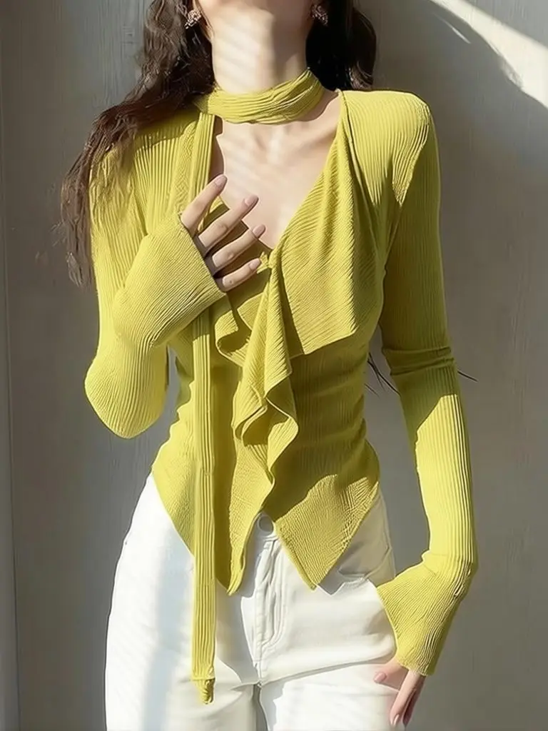 French Style Ribbon Ruffle T Shirt Women's Long Sleeve Top Luxury T Shirt Spring Slim Fit Waist Cinching Elegant Blouse
French Style Ribbon Ruffle T Shirt Women's Long Sleeve Top Luxury T Shirt Spring Slim Fit Waist Cinching Elegant Blouse